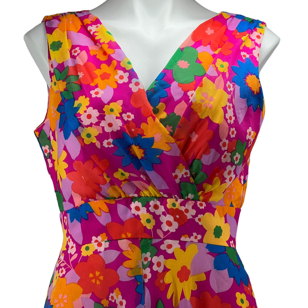 Montgomery Ward Vintage Vibrant Floral Pink V Neck Sleeveless Maxi Dress Size 16 - Picture 3 of 13